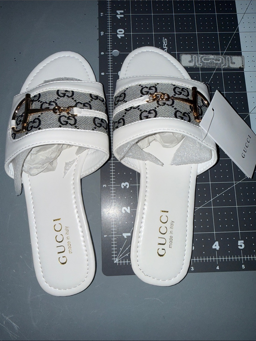 Gucci White GG Logo Slide Sandals with Gold Horsebit